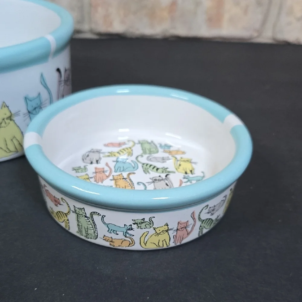 Stoneware Ceramic Cat Print Water and Food Bowl Dishes - NEW